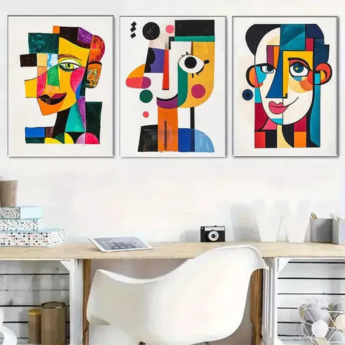3pcs Vibrant Cubist-Style Face Triptych Wall Art Set Canvas Framed 60x90cm - High Quality Print 100% Australian Made Wall Canvas Ready to Hang