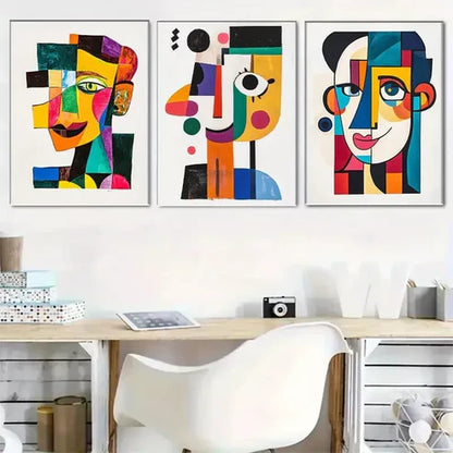 3pcs Vibrant Cubist-Style Face Triptych Wall Art Set Canvas Framed 60x90cm - High Quality Print 100% Australian Made Wall Canvas Ready to Hang