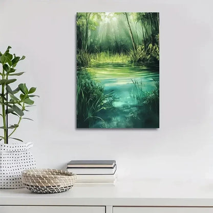 Serene Green Landscape with Misty Sunlight 40x60cm Metal Print Ready to Hang