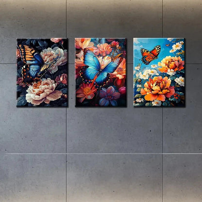 3pcs Simple Butterfly Colourful Flowers Metal Print Ready to Hang Art