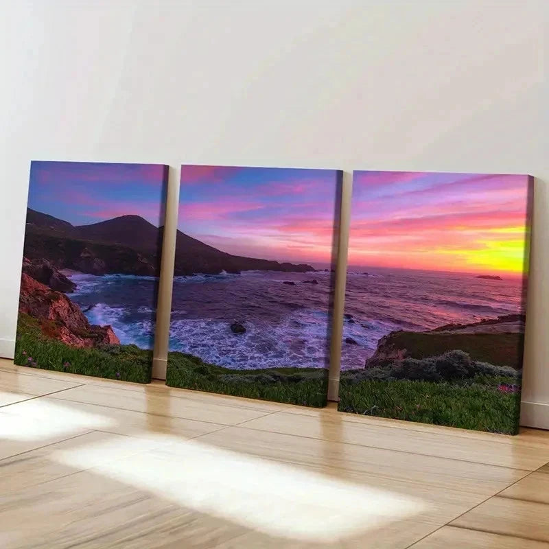 3pcs Mountain Seaside Sea Sunset Modern Wall Art Set Canvas Framed 40x60cm - High Quality Print 100% Australian Made Wall Canvas Ready to Hang