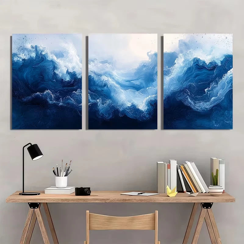 3pcs Cobalt Blue Modern Ocean Decor Painting Wall Art Set Canvas Framed 60x90cm - High Quality Print 100% Australian Made Wall Canvas Ready to Hang