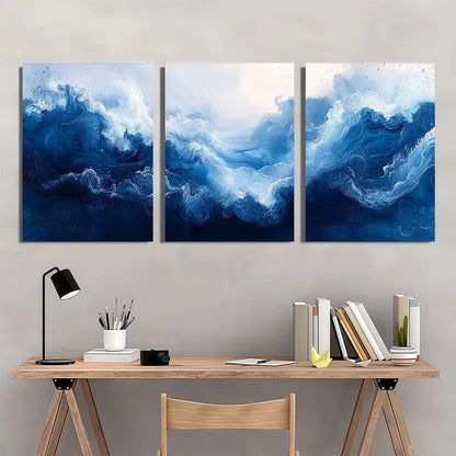 3pcs Cobalt Blue Modern Ocean Decor Painting Wall Art Set Canvas Framed 60x90cm - High Quality Print 100% Australian Made Wall Canvas Ready to Hang