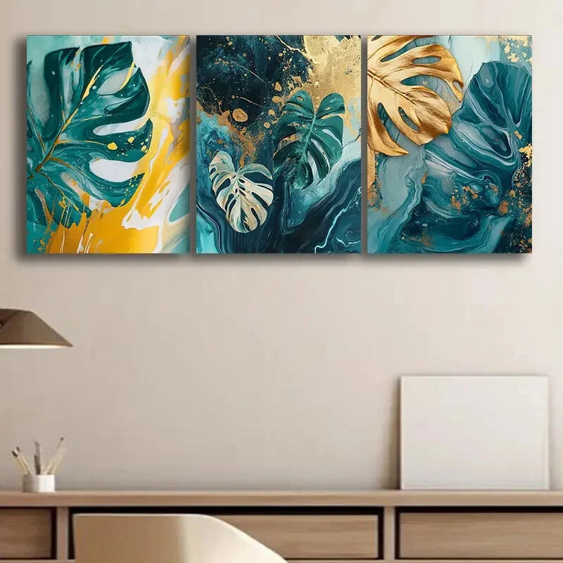 3pcs Teal and Golden Leaf Green Metal Print Ready to Hang Art