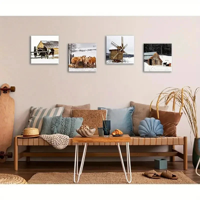 4pcs Rustic Old Barn Windmill Horses Cow Wall Art Canvas Framed
