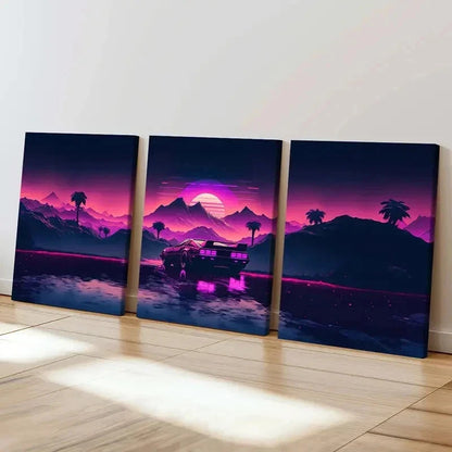 3pcs Vibrant Vaporwave & Cyberpunk Car Wall Art Set Canvas Framed 40x60cm - High Quality Print 100% Australian Made Wall Canvas Ready to Hang
