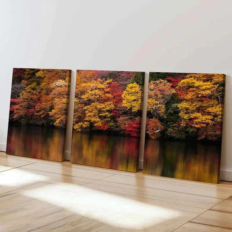 3pcs Red Yellow Trees On The Lake Bank Wall Art Set Canvas Framed 40x60cm - High Quality Print 100% Australian Made Wall Canvas Ready to Hang
