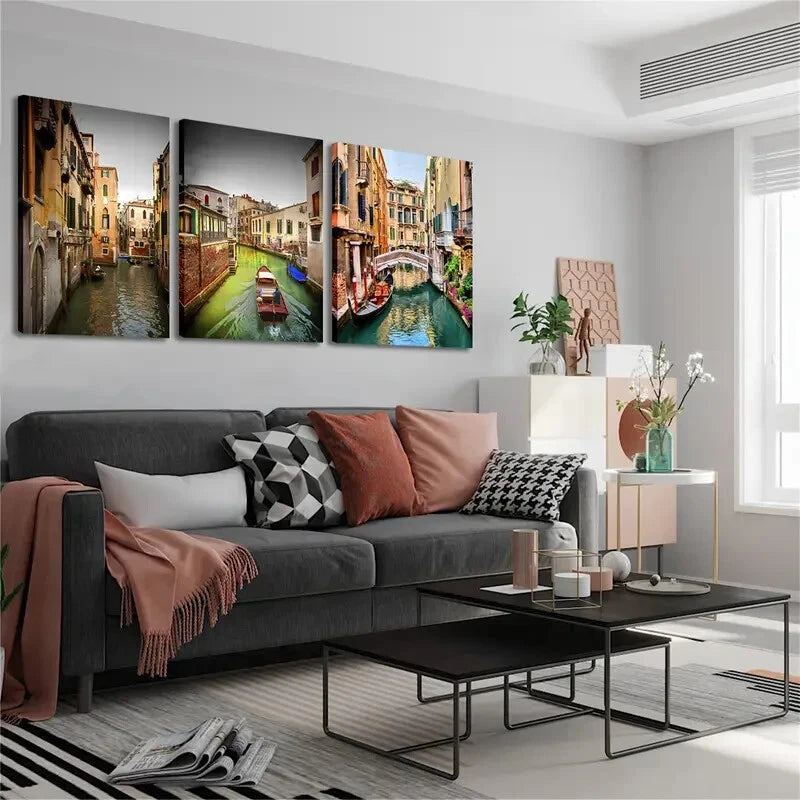 3pcs Venice Scenic View Vibrant Canal Perfect Wall Art Set Canvas Framed 40x60cm - High Quality Print 100% Australian Made Wall Canvas Ready to Hang