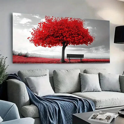 Vibrant Red Tree and Bench wall canvas office home room framed 120x60cm