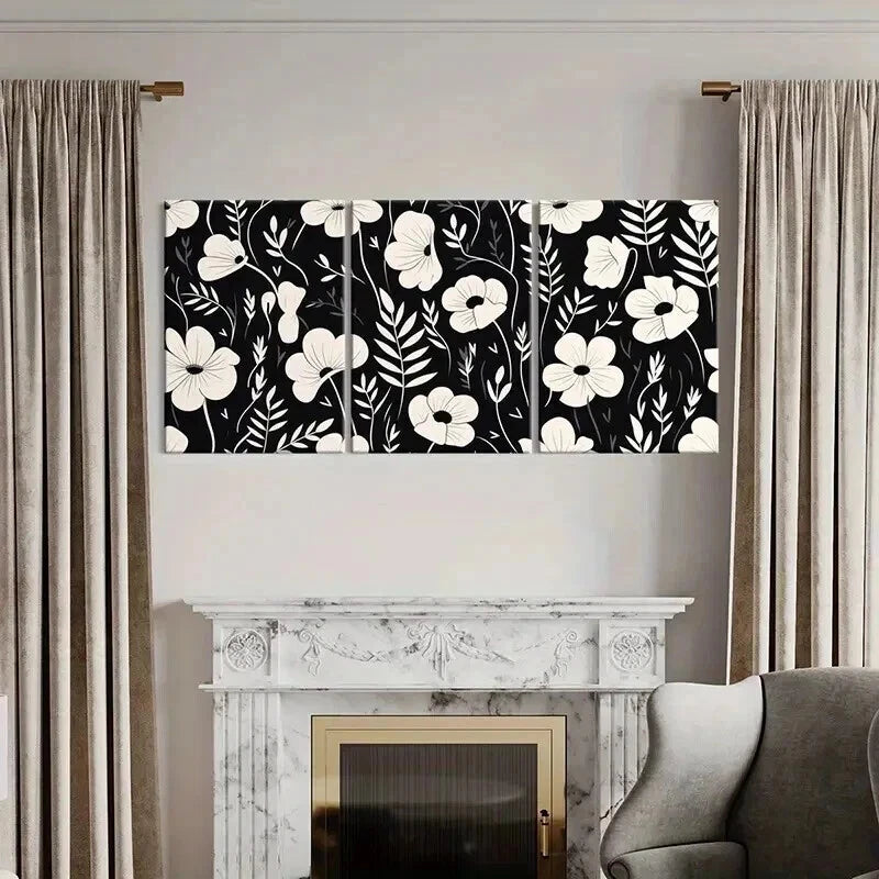3pcs Elegant Black & White Floral Prints Wall Art Set Canvas Framed 40x60cm - High Quality Print 100% Australian Made Wall Canvas Ready to Hang