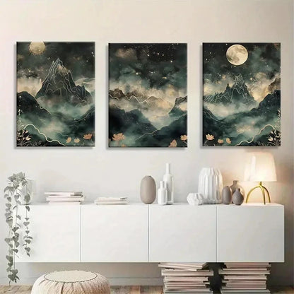 3pcs Mystical Mountain and Moonlit Metal Print Ready to Hang Art