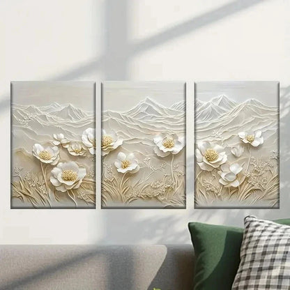 3pcs Abstract White Flowers and Mountains Wall Art Set Canvas Framed 40x60cm - High Quality Print 100% Australian Made Wall Canvas Ready to Hang