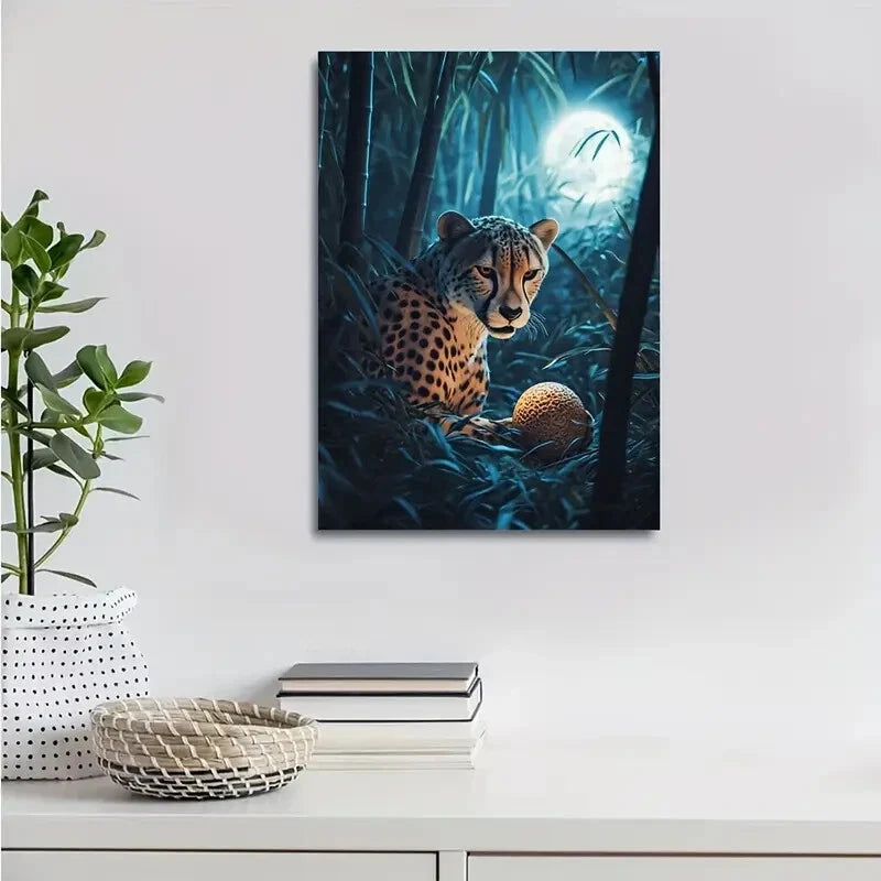 Cheetah with Ball in Bamboo Grove Painting 40x60cm Metal Print Ready to Hang
