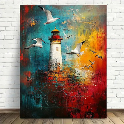 Beautiful Abstract Lighthouse & Seagulls Painting  40x60cm Metal Print Ready to Hang