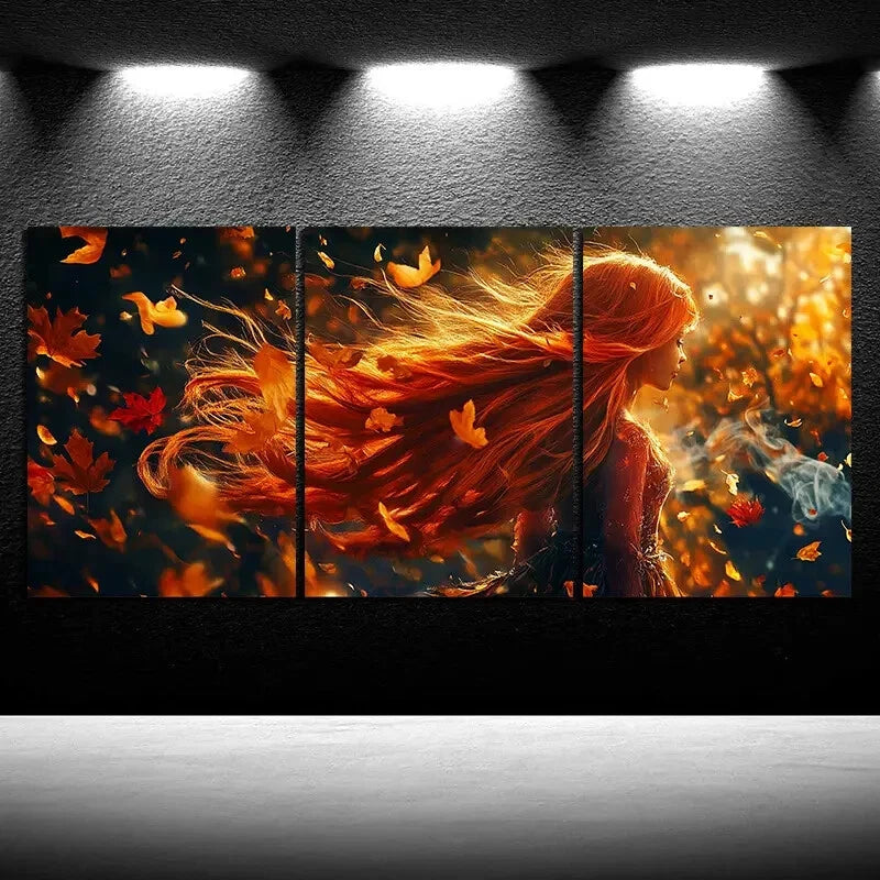 3pcs Woman Dancing in The Wind Golden Themed Metal Print Ready to Hang Art