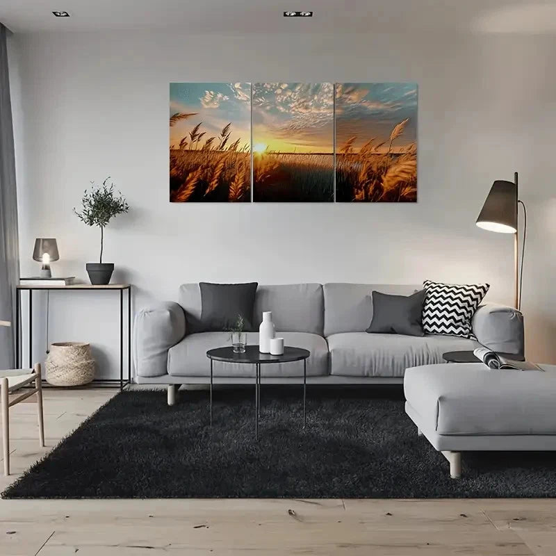 3pcs Golden Wheat Field Sunset Blue Sky Metal Print Ready to Hang Art