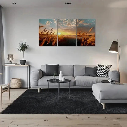3pcs Golden Wheat Field Sunset Blue Sky Metal Print Ready to Hang Art