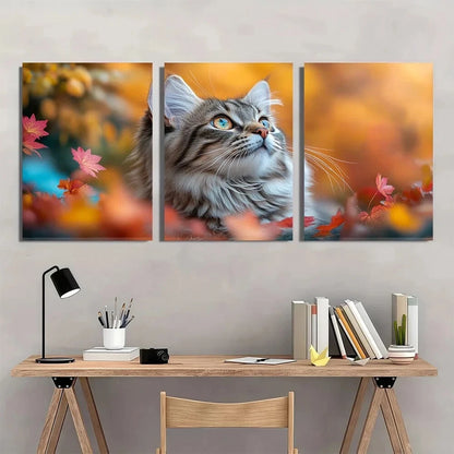 3pcs Vibrant Autumn Gray & White Cat Colorful Metal Print Ready to Hang Art