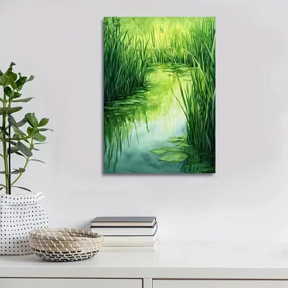Green Water Grass Meadow Painting 40x60cm Metal Print Ready to Hang
