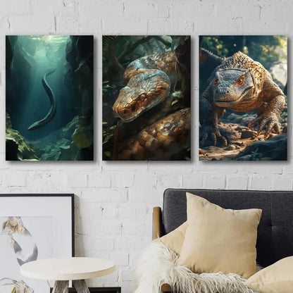 3pcs Sea Serpent in Cave & Komodo Dragon Metal Print Ready to Hang Art