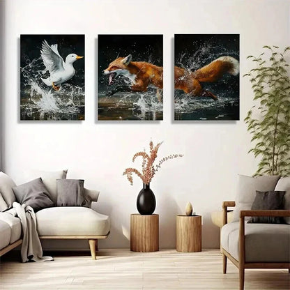 3pcs Fox & Duck Nature Scene with Splash Water Wall Art Set Canvas Framed 40x60cm - High Quality Print 100% Australian Made Wall Canvas Ready to Hang