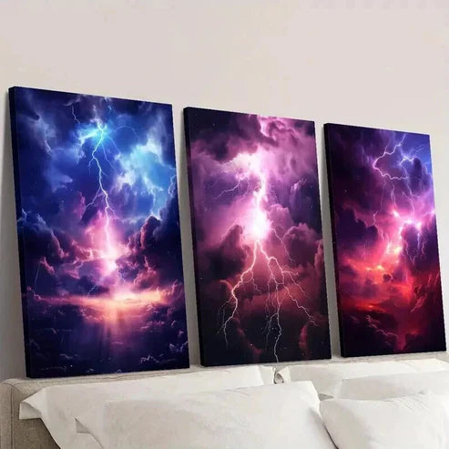 3pcs Abstract Purple and Blue Lightning Clouds Wall Art Canvas Unframed - High Quality Print 100% Australian Made Wall Canvas