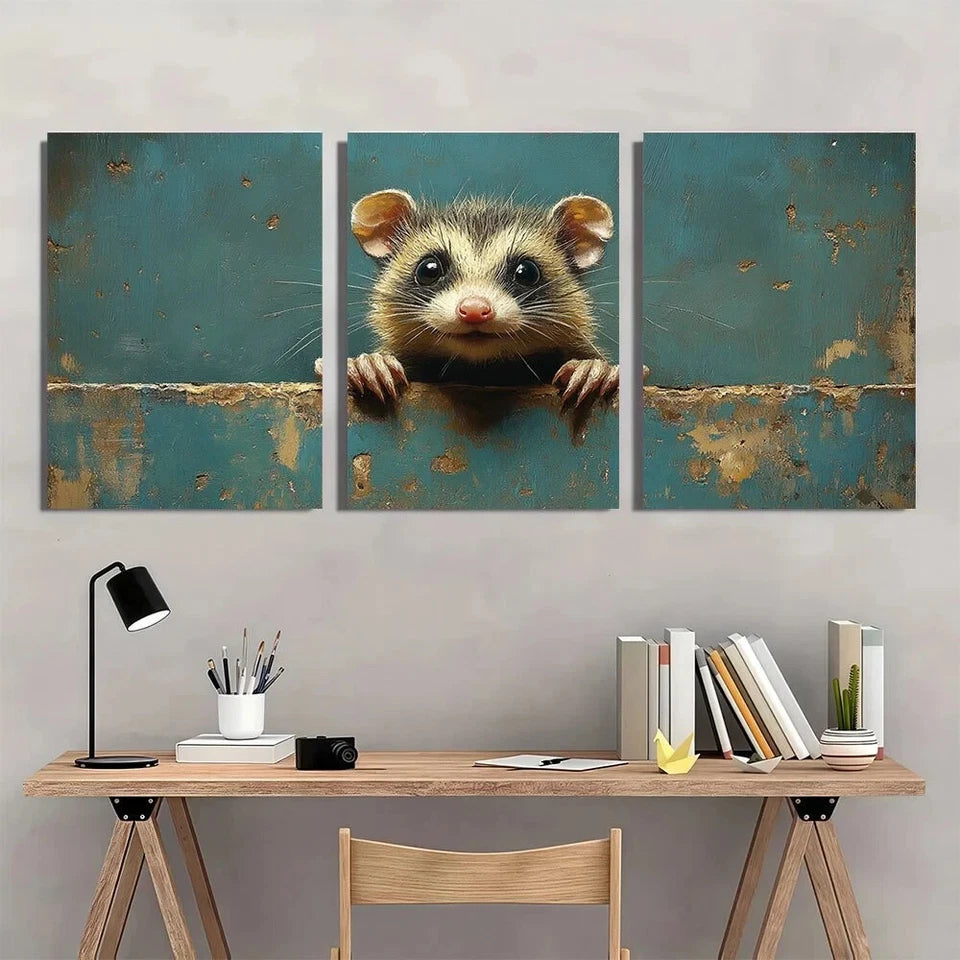 3pcs Vintage Style Opossum Playful Animal Metal Print Ready to Hang Art