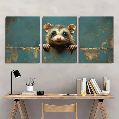 3pcs Vintage Style Opossum Playful Animal Metal Print Ready to Hang Art