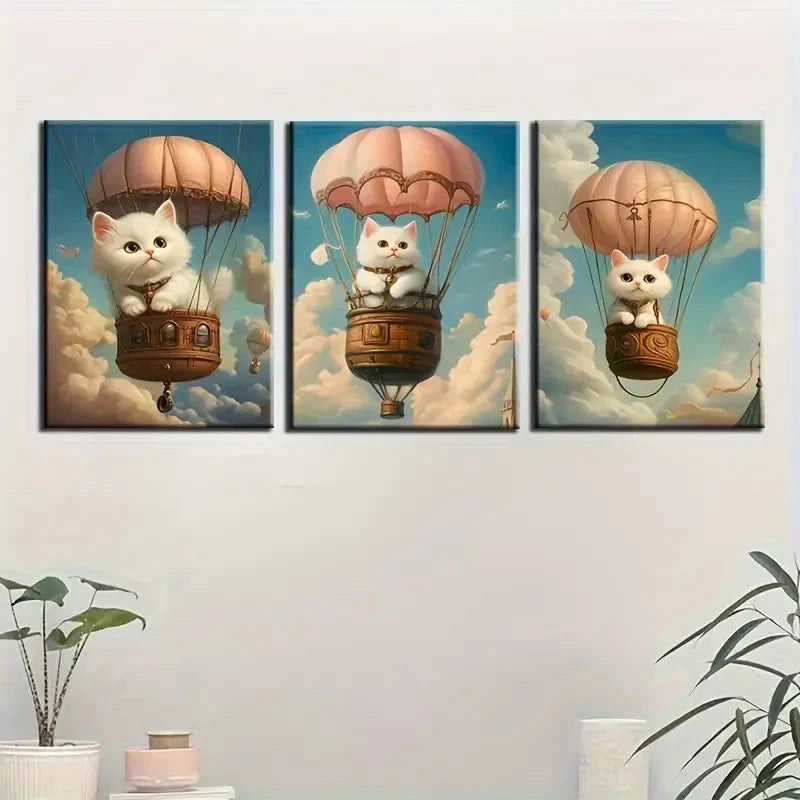 3pcs Cat in Hot Air Balloon Print Metal Print Ready to Hang Art