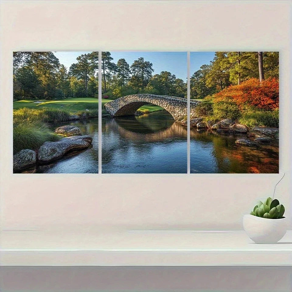 3pcs Vibrant Green Iconic Bridge & River Metal Print Ready to Hang Art