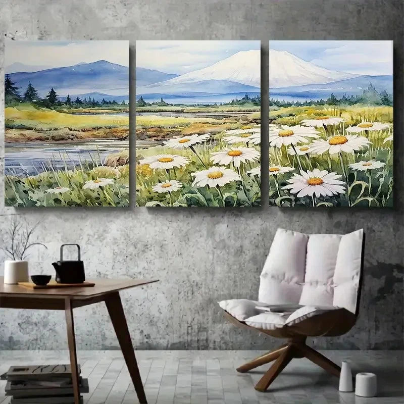 3pcs Daisies and Mount Fuji Scenic Metal Print Ready to Hang Art