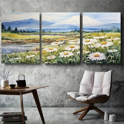 3pcs Daisies and Mount Fuji Scenic Metal Print Ready to Hang Art