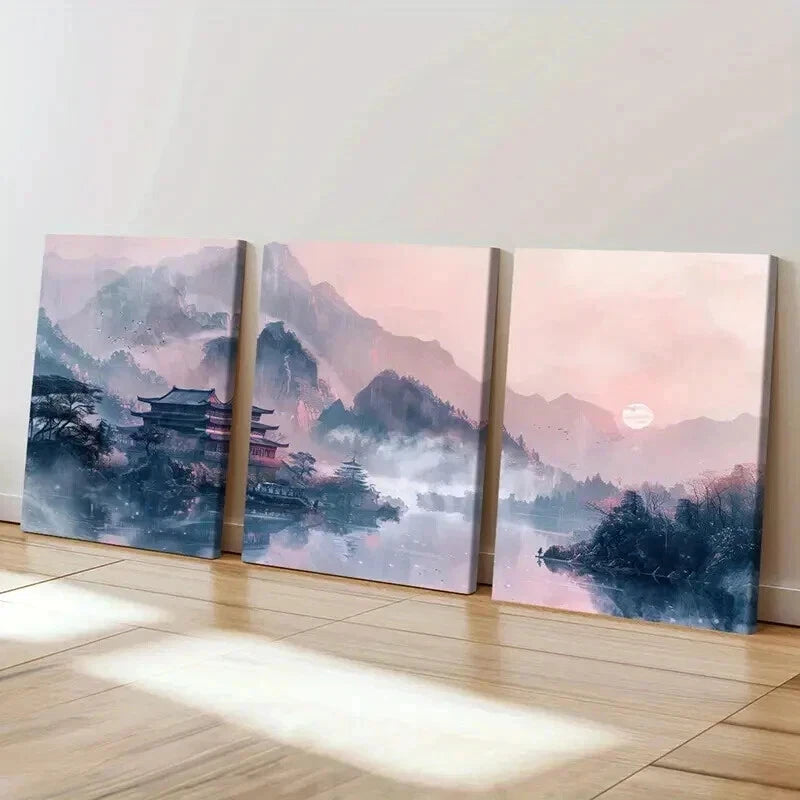 3pcs Chinese Traditional Architecture Landscape Wall Art Set Canvas Framed 40x60cm - High Quality Print 100% Australian Made Wall Canvas Ready to Hang