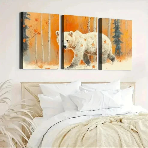 3pcs Bear in a Autumn Falling Leaves Forest Set Canvas Unframed - High Quality Print 100% Australian Made Wall Canvas