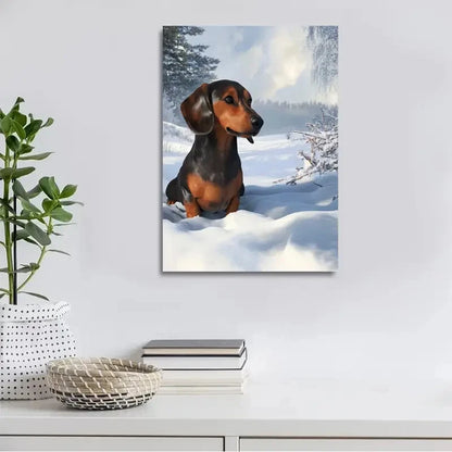 Beautiful Dachshund On The Snow Painting  40x60cm Metal Print Ready to Hang
