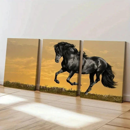 3pcs Elegant Black Horse with Golden Sky Wall Art Set Canvas Framed 40x60cm - High Quality Print 100% Australian Made Wall Canvas Ready to Hang