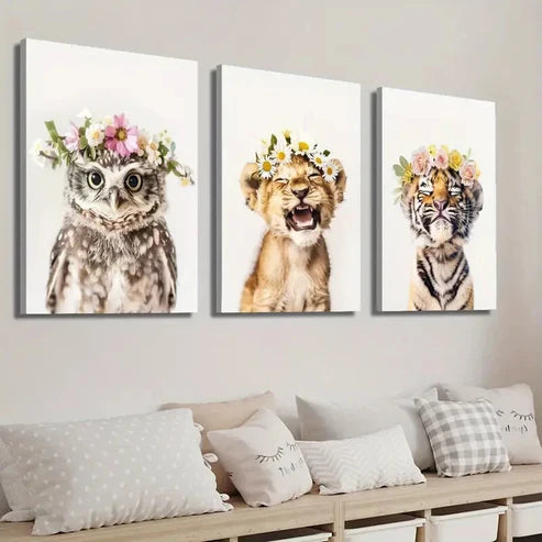 3pcs Adorable Animal Floral Crowns Perfect Wall Art Canvas Unframed - High Quality Print 100% Australian Made Wall Canvas