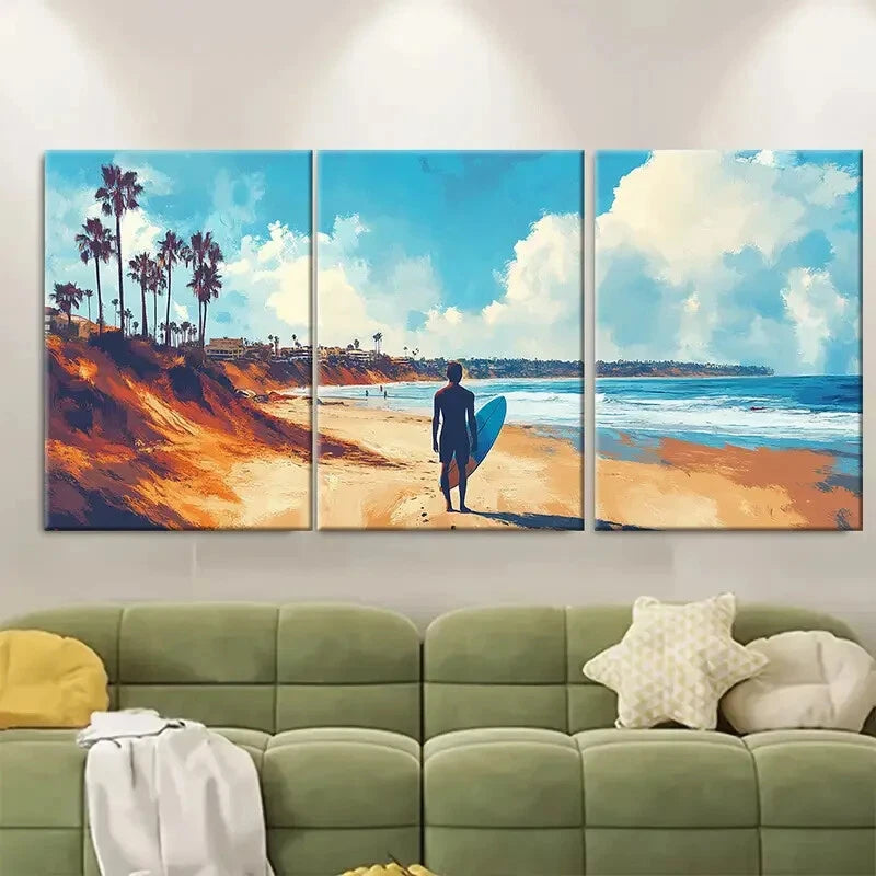 3pcs Vibrant California Beach Scene with Palm Metal Print Ready to Hang Art