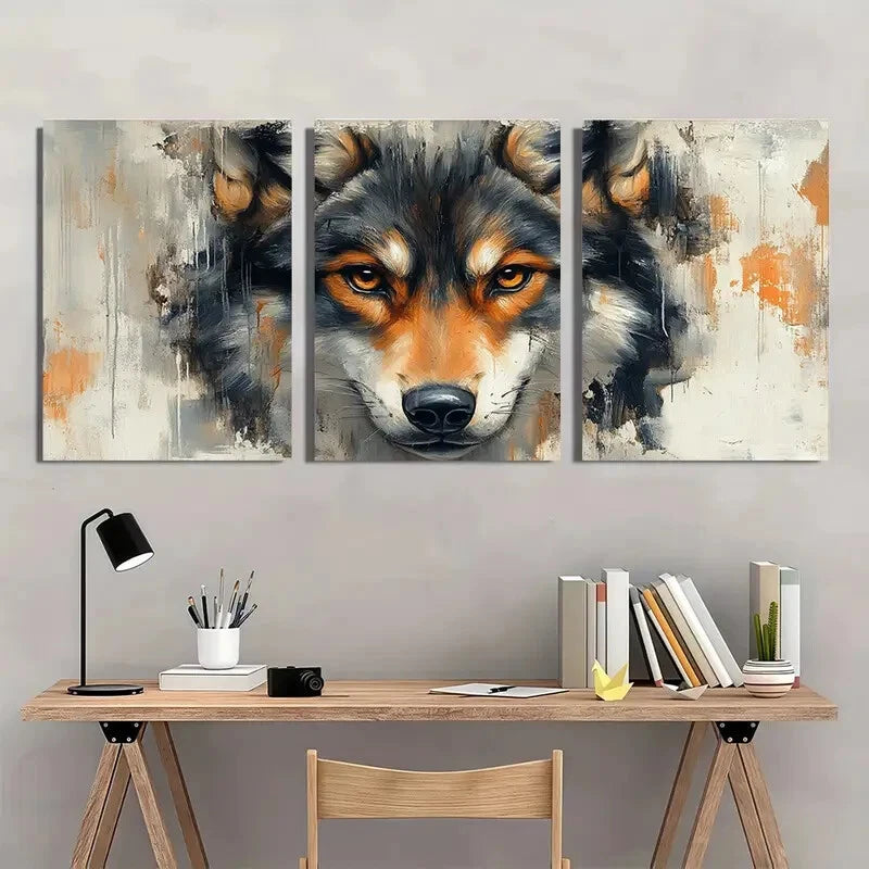 3pcs Wolf Head Dark Brown Black Orange Metal Print Ready to Hang Art