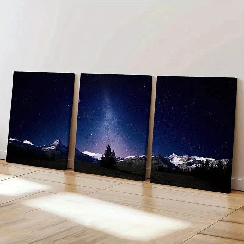 3pcs Snowy Mountain Landscape with Milky Way Wall Art Set Canvas Framed 40x60cm - High Quality Print 100% Australian Made Wall Canvas Ready to Hang