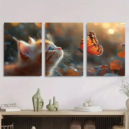 3pcs Charming Kitten & Butterfly Vibrant Nature Metal Print Ready to Hang Art