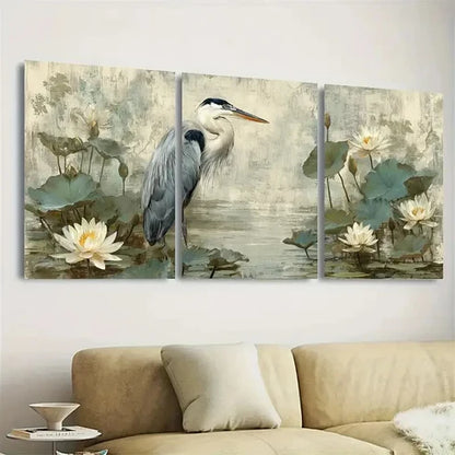 3pcs Blue Heron and for Lotus Graceful Bird Wall Art Set Canvas Unframed - High Quality Print 100% Australian Made Wall Canvas