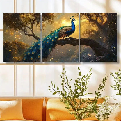 3pcs PeaRooster Bird Themed Golden Themed Metal Print Ready to Hang Art