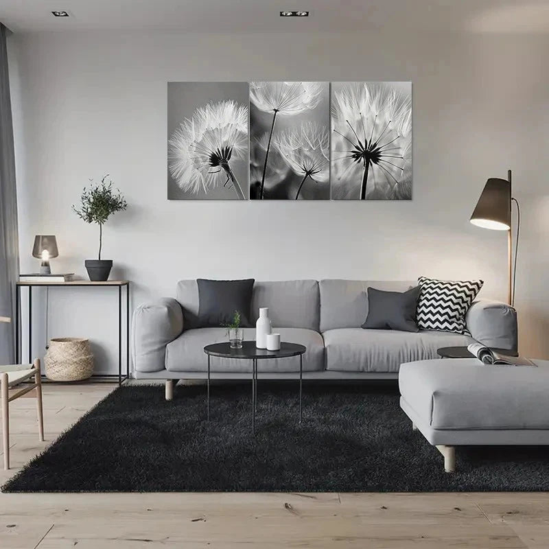 3pcs Modern Black & White Dandelion Metal Print Ready to Hang Art