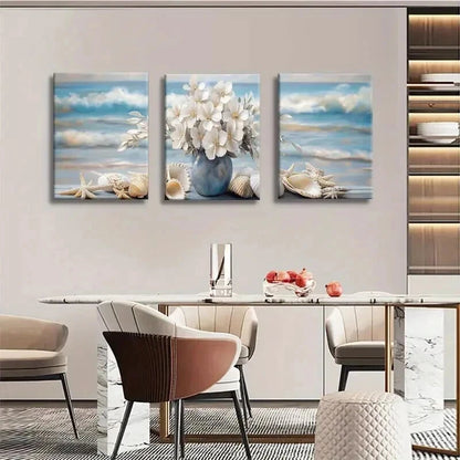 3pcs White Flowers in Blue Vase with Seashells Wall Art Set Canvas Framed 40x60cm - High Quality Print 100% Australian Made Wall Canvas Ready to Hang