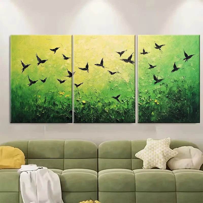 3pcs , Green Landscape Birds Metal Print Ready to Hang Art