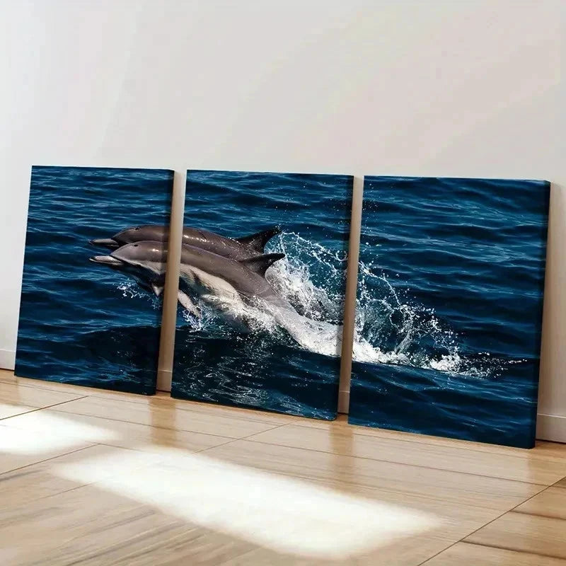 3pcs Dolphins Jumping Out Of The Sea Marine Life Wall Art Set Canvas Framed 40x60cm - High Quality Print 100% Australian Made Wall Canvas Ready to Hang