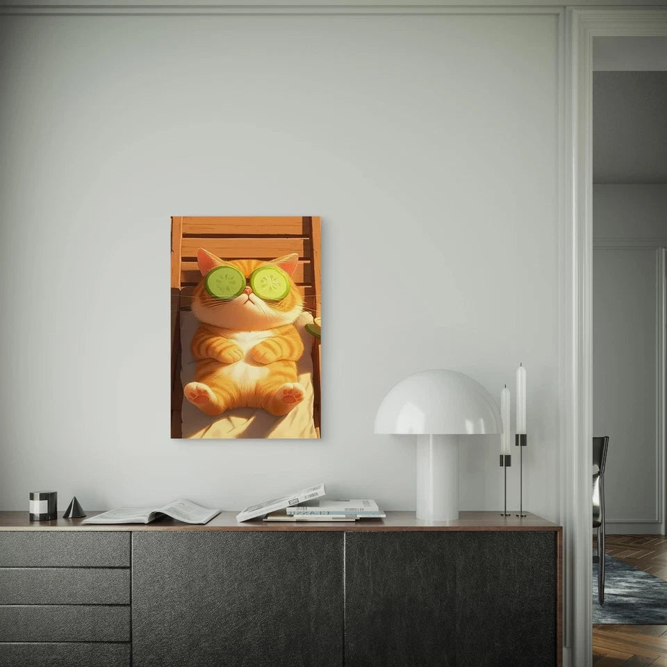 Whimsical Cat with Cucumber Slices Metal Print Ready to Hang