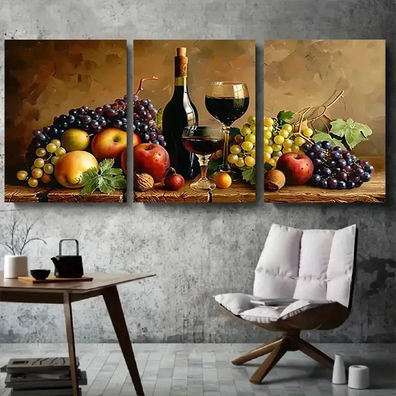 3pcs Fruit Grapes Apples and Wine Glass Metal Print Ready to Hang Art