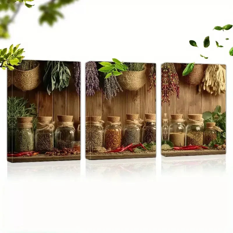 3pcs Rustic Touch with Country Spices And Herbs Wall Art Set Canvas Framed 50x70cm - High Quality Print 100% Australian Made Wall Canvas Ready to Hang - Bella Home Decor